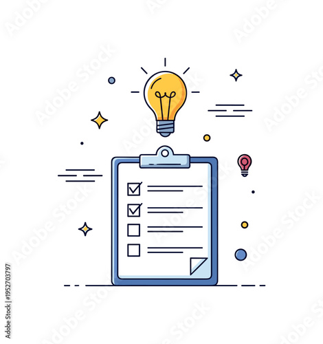 New venture startup planning moment featuring a clipboard with a simple checklist and a lightbulb icon hovering above, expressing clarity and preparation. A