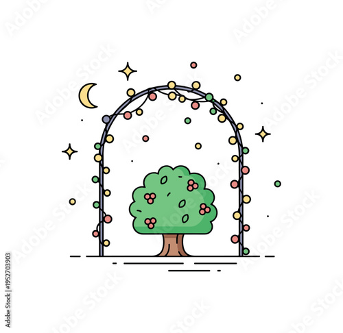Summer night garden single bush framed by an arch of fairy lights with floating dots suggesting warm air, illustrating tranquil outdoor relaxation. Minimalist