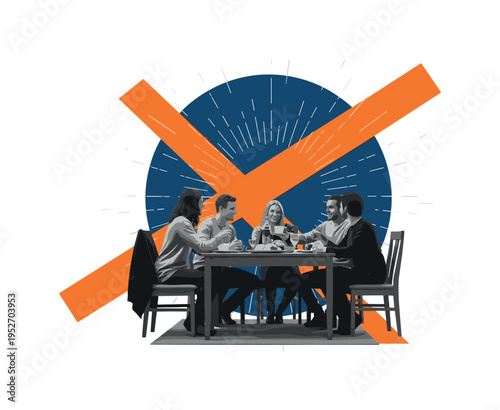 Monochrome silhouette of friends gathered around a table in a cozy home setting, strong contrast and vintage feel, large abstract circle behind in deep blue