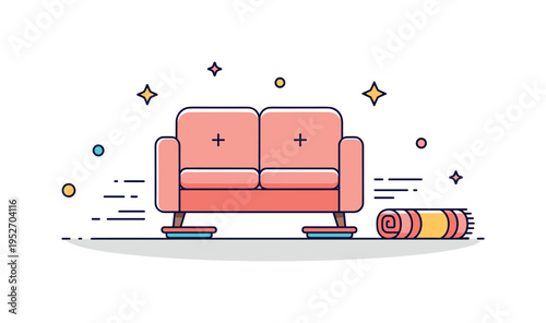 Furniture moving day concept featuring a sofa on small sliding pads with gentle motion lines and a rolled up rug nearby, expressing effort, transition, and