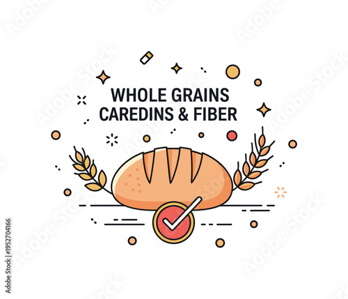 Whole grains and fiber focus centered on a loaf of bread with grain accents and a small check mark, conveying digestive health, natural ingredients, and smart