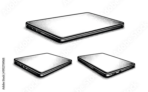 Closed laptop depicted as a slim folded notebook computer with clean edges and accurate thickness, treated as one object. Black and white dot style with