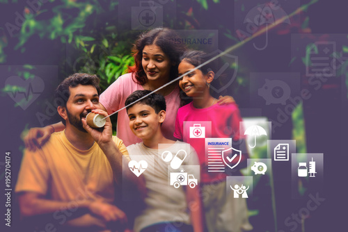 Indian couple and kids playing in the park with sports icons. Visualizing total family protection, accident cover, and life insurance benefits.