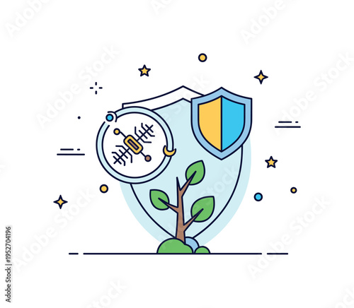 Bioengineered forest restoration concept illustrated by a young tree supported by a circular gene editing icon and soft shield outline, conveying protection,