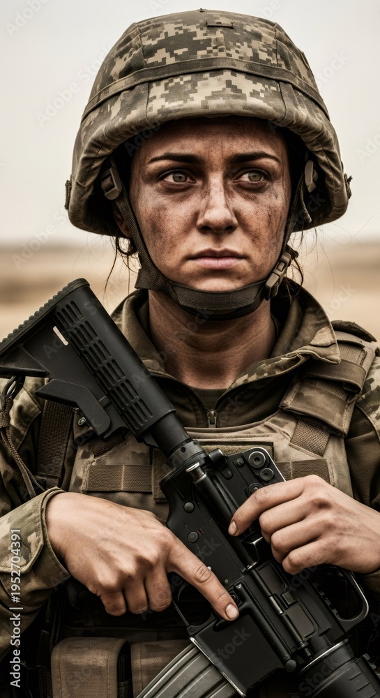 Naklejka premium Portrait of serious woman soldier in camouflage uniform holding military rifle. Tired female fighter with dirty face in battlefield. Concept of bravery and defense during modern conflict.