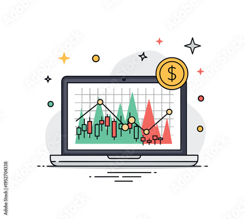 High stakes investment laptop displaying a volatile stock chart with sharp peaks and dips while a small coin icon hovers nearby, conveying financial