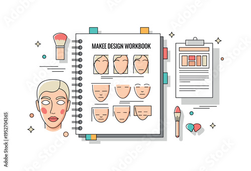 Makeup design workbook spiral bound practice book with blank face charts and subtle color swatch accents, expressing experimentation and student creativity.