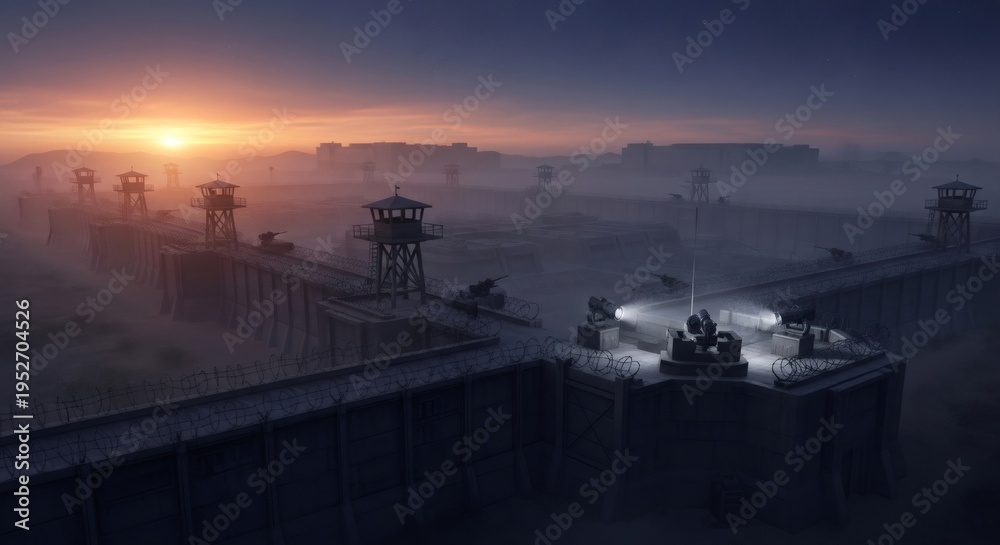 Obraz premium Military base with defensive wall and concrete watchtower at sunrise. Armed fortification with spotlight and barbed wire fence. Strategic border security in foggy environment concept.
