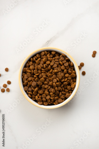 Dog or cat dry product pet food in bowl light background