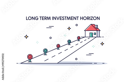 Long term investment horizon represented by a road stretching toward a small house icon with subtle milestone markers along the path, symbolizing patience and