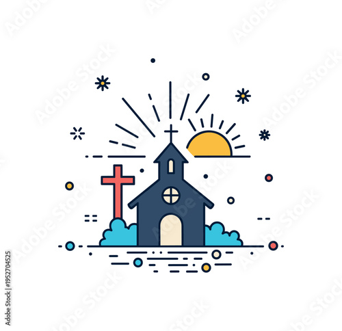 Church Easter service scene centered on a small chapel silhouette with a subtle cross and rising sun accent, expressing hope, renewal, and spiritual