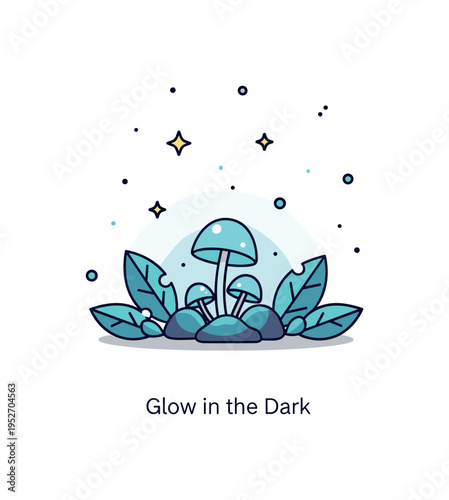 Night photography of bioluminescent fungi forest floor scene featuring a small cluster of glowing mushrooms casting a soft halo of light onto surrounding