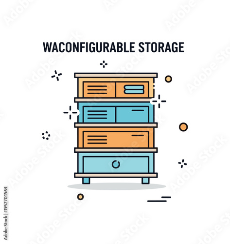 Reconfigurable wardrobe storage badge centered on stacked shelf panels with small plus symbols indicating expansion, symbolizing growth, flexibility, and long