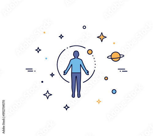 Cosmic travel meditation scene centered on a floating human silhouette surrounded by small orbiting stars and a minimal planet icon, symbolizing spiritual