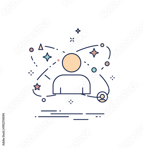 Universal connection symbol simplified human figure surrounded by small orbiting stars and dots, representing unity, cosmic awareness and interconnectedness.
