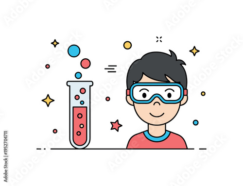 Science experiment for children illustrated with a bubbling test tube and a curious child silhouette wearing simple safety goggles, symbolizing safe discovery,
