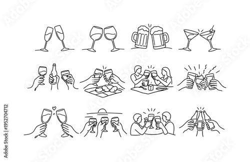 Celebration Toast Moments. Minimalistic set one-line drawing champagne glasses cheers, wine glasses touching, beer pint clink, cocktail glasses toast, hands