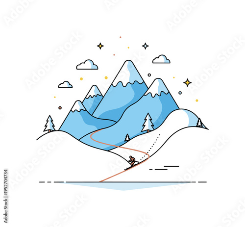 Snowy mountain landscape skiing scene illustrated by layered mountain shapes with a tiny skier descending along a highlighted path. The composition conveys