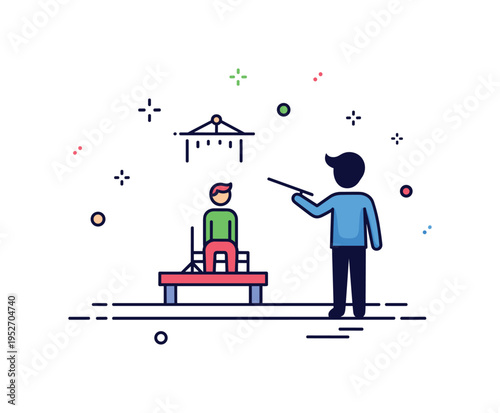 Stage direction in theater rehearsal showing a director silhouette gesturing toward a small actor figure on a simple stage platform, expressing guidance,