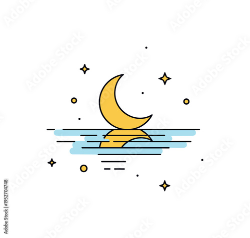 Lakeside evening reflection theme illustrated by a crescent moon hovering above calm water with soft mirrored lines below. A serene and balanced representation