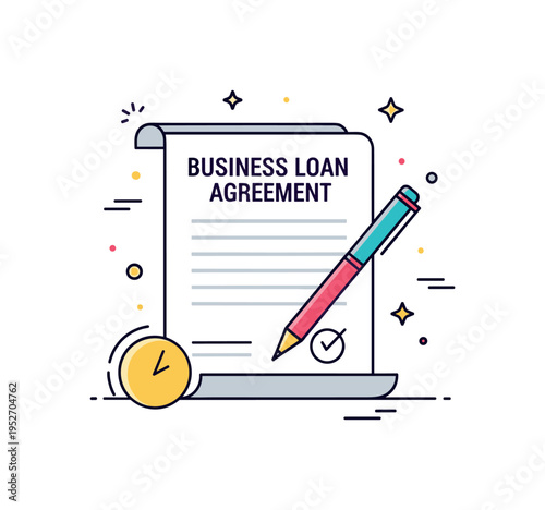 Business loan agreement legal documentation illustration with a contract sheet and a minimal pen placed diagonally across it. The composition conveys