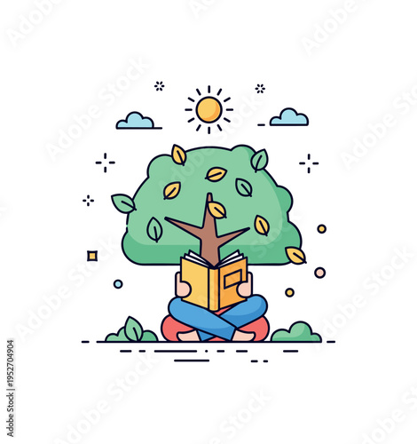 Summer afternoon reading beneath a rounded tree canopy with scattered leaves and a small sun icon overhead, capturing warmth, leisure, and mindful rest. A