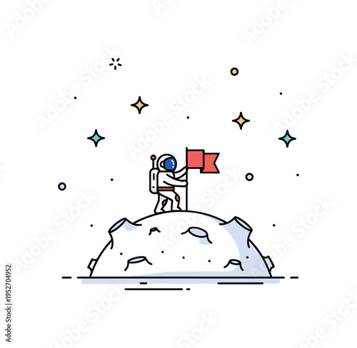 Astronaut on alien surface scene featuring a small figure planting a flag on a simple cratered planet with distant stars, expressing achievement, courage, and