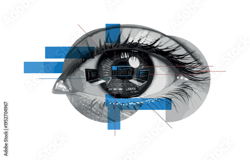 realistic black and white eye staring forward while tiny repeated crowd figures fill the iris area, red circular frame enclosing the eye, abstract lines and