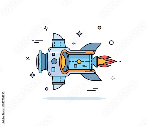 Rocket engine design concept illustrated by a cutaway style engine nozzle with subtle flame accent and small technical markers. The scene conveys propulsion