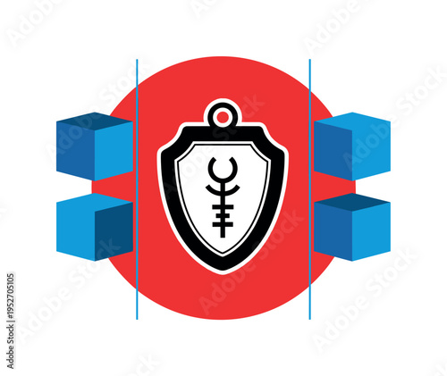 Black and white protective amulet centered in composition, bold red circular backdrop enhancing symbolism, blue geometric blocks floating symmetrically on both