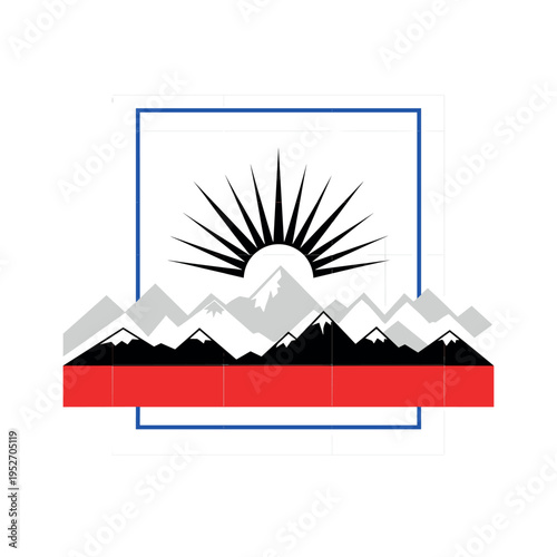Black and white abstract sun symbol emerging from behind minimal mountain silhouettes as solstice motif, bright electric blue square framing upper half, red