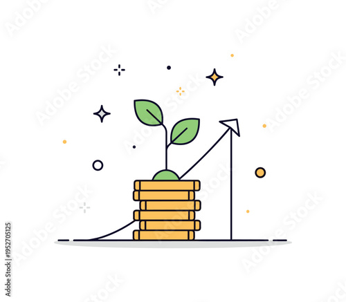 Stock market trading long term investment growth concept featuring a small plant sprouting from a coin stack with a subtle upward arrow accent. The scene