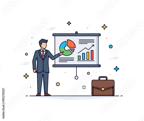 Boardroom presentation suited businessman pointing toward a compact chart display with a briefcase resting nearby, expressing clarity, ambition and structured