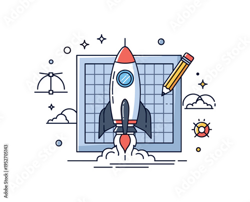Spaceship prototype development theme featuring a simplified rocket silhouette on a drafting table grid with a pencil icon nearby. The scene communicates
