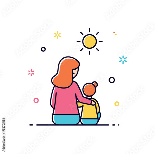 Family love moment mom and child sitting together with gentle sun accent above, symbolizing warmth, guidance and everyday connection. Minimalist flat vector
