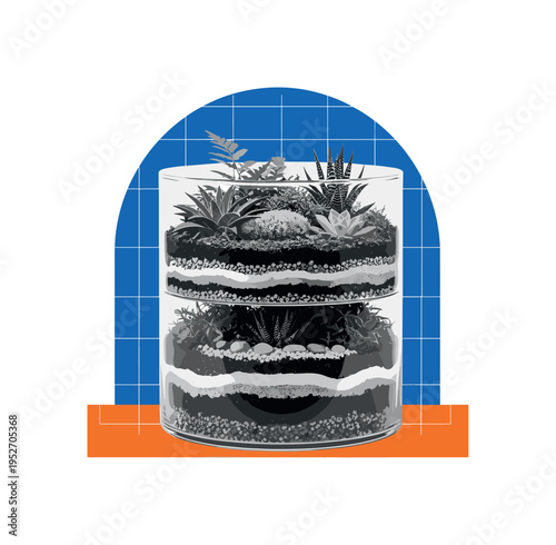 Black and white cylindrical terrarium with visible soil layers and miniature plants, bold blue semicircle framing upper portion, orange horizontal stripe