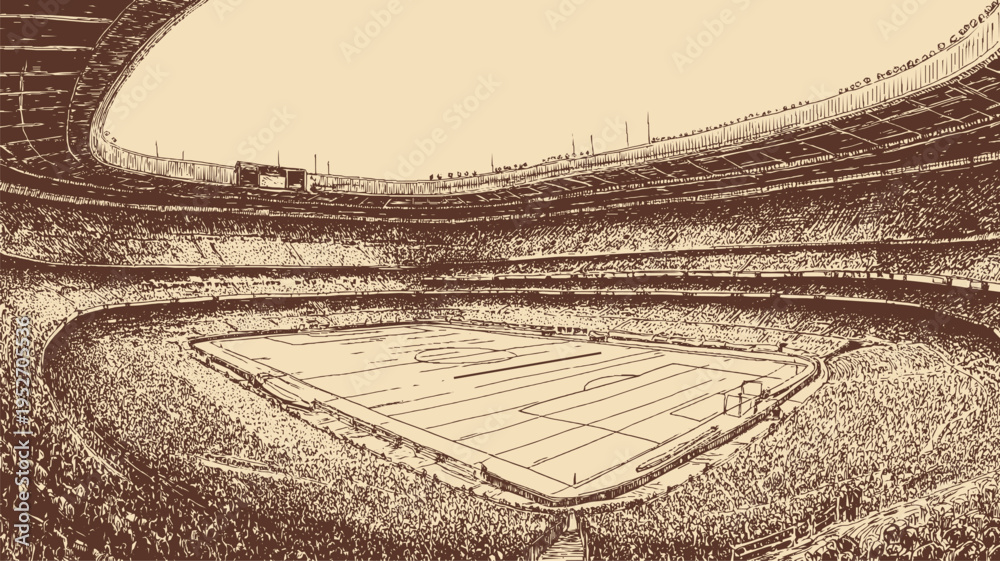 Fototapeta premium A large soccer stadium packed with spectators, wide-angle, minimalist line vector illustration.