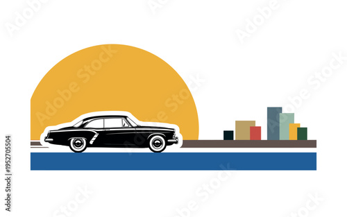 Black and white vintage car driving toward a bold golden semicircle sun, blue horizontal bar as stylized road, abstract rectangular blocks forming distant