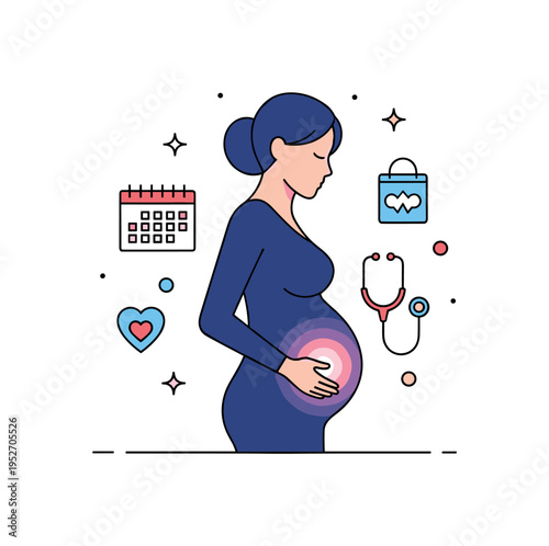 Prenatal care support pregnant woman silhouette with a soft glowing belly and subtle calendar and stethoscope icons nearby, conveying monitoring, preparation