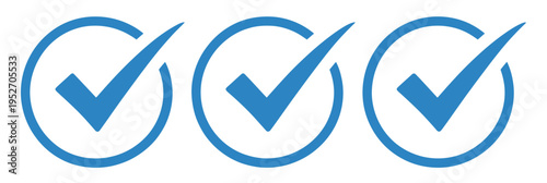 blue checkmark icon set, checklist circle frame design, accept sign symbols, confirmation marks collection, approval and verification icons, minimal clean vector