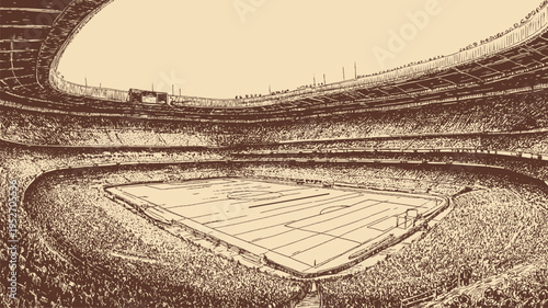 A large soccer stadium packed with spectators, wide-angle, minimalist line vector illustration.