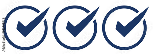 blue check mark symbols collection, circle checklist frames, accept and confirm icons, approval tick signs, verification symbol set, modern simple vector