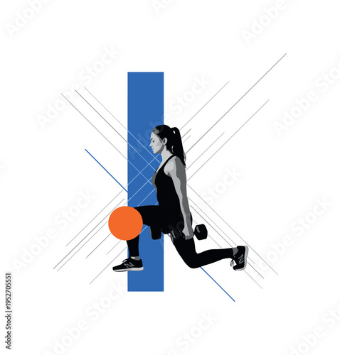 Black and white athlete performing a lunge with dumbbells, bold blue vertical block behind for support, bright orange circle near the front knee emphasizing