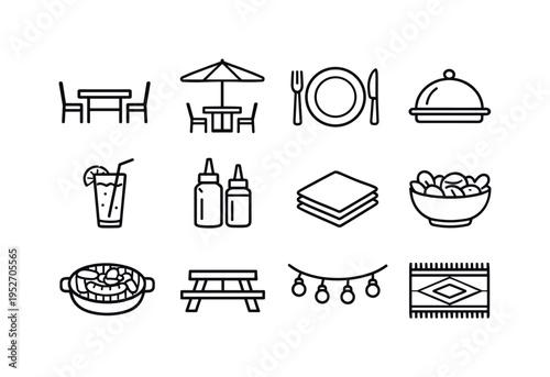 Patio Dining. Line icon set of Patio Dining: outdoor dining table, patio umbrella, plate and cutlery, serving tray, beverage glass, condiment bottles, napkins
