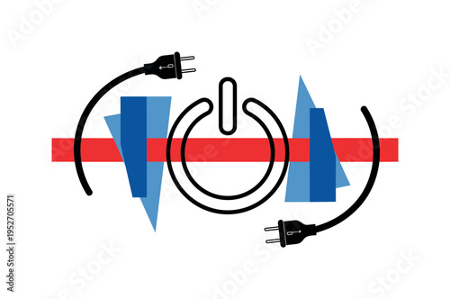 Black and white power button icon enlarged as main object with unplugged cable forming a broken circle around it, bold red horizontal bar cutting through the