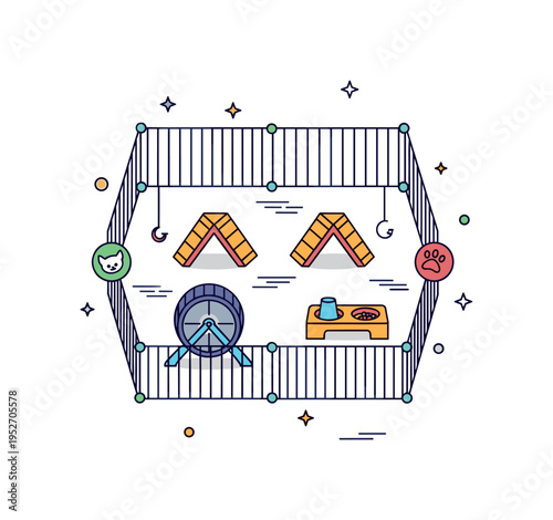 Interactive pet playpen open top enclosure with small ramps, wheel and food station positioned symmetrically, symbolizing balanced activity and accessible