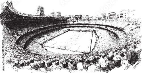 A large soccer stadium packed with spectators, wide-angle, minimalist line vector illustration.
