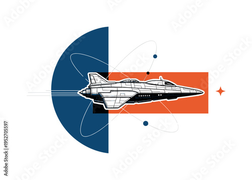 Black and white realistic retro spaceship in side profile, vintage sci-fi illustration texture, cut-out effect with bold white outline, layered over oversized