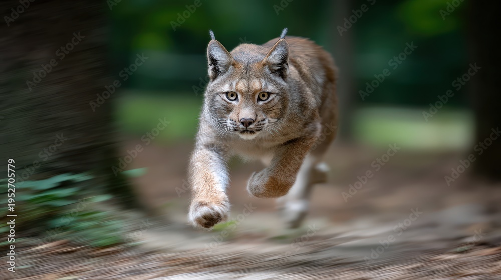 Obraz premium A young iberian lynx runs after a rabbit in a field. The scene shows motion with natural light and blurred background details