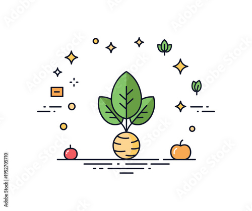 Vegetables plant based lifestyle illustration featuring a central leafy green icon framed by subtle sparkle accents. The compact design conveys wellness,
